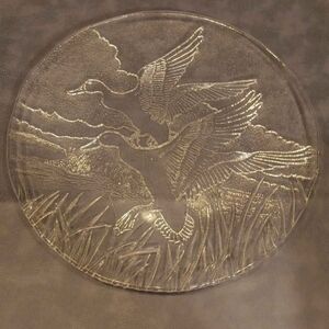 Vintage Elegant Pressed Glass Art Plate with Flying Ducks